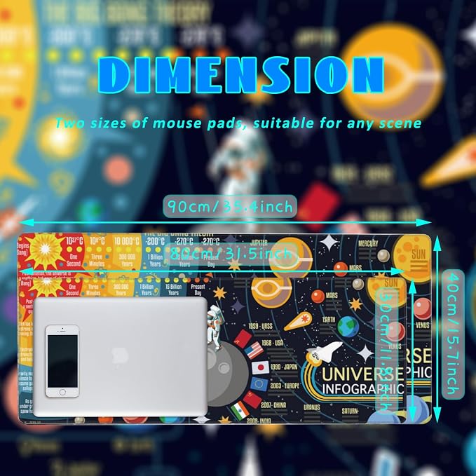 Desk Mat, 3D Solar System Galaxy Infographic Extended Gaming Mouse Pad Large, 31.5"x11.8" Big Mouse Pad with Non-Slip Base and Stitched Edge, Long Computer Keyboard Mouse Mat for Home Office Work