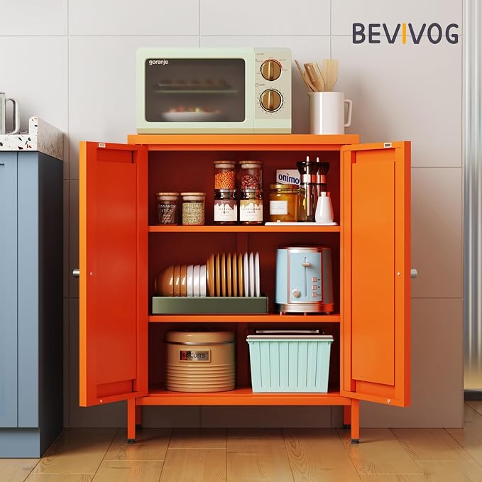 Bevivog Small Bathroom Storage Cabinet, Orange Metal Locker with 2 Doors and 2 Adjustable Shelves, Small Locker Cabinet Sideboard for Home Office, Living Room, Hallway, Entryway