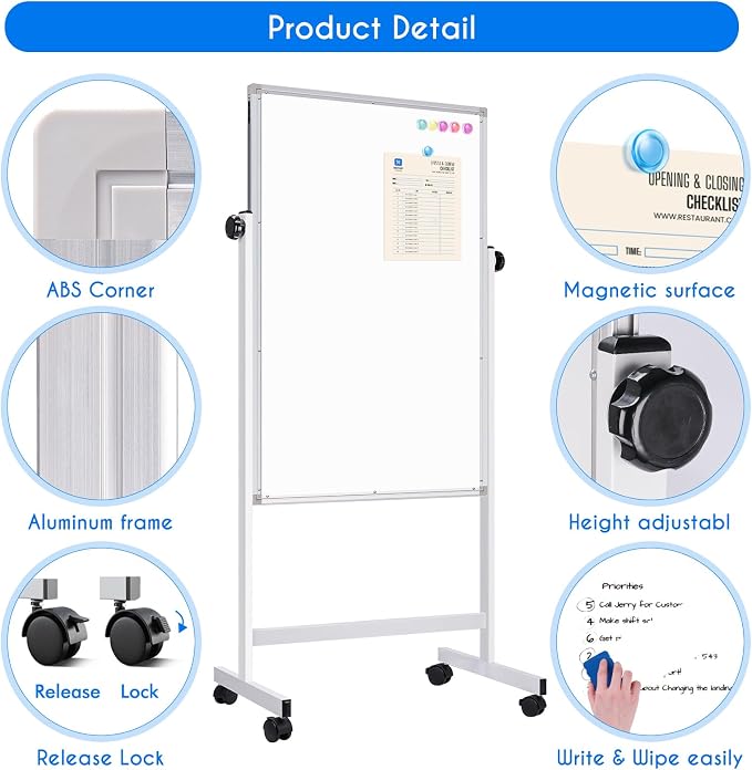 Maxtek Rolling White Board 44 x 28in,Height Adjustable Whiteboard on Wheels | Mobile Easel Large Magnetic Portable Double-Sided Dry Erase Board with Stand for Classroom, Home, School, Office and Teachers