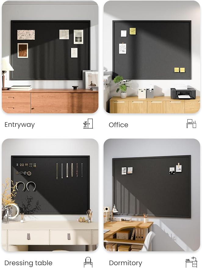 Fluxynara 47.2" x 35.4" Felt Frame Bulletin Board, Black | Cork Board Alternative with 36 Removable Adhesive Tabs, Foldable Pin Board for Wall, Home, Office, Classroom & Dorm