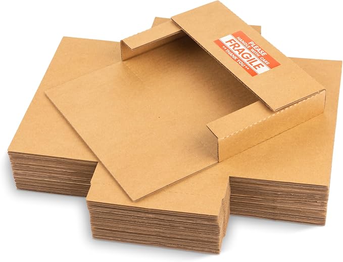 9x6x1.3 inch Cardboard Box for Shipping DVD, CD, Book, 50 Pack | Flat Small Box for Mailing, Storing, packaging, Business or Home, with Fragile Stickers, Multi-Depth, Easy-Fold, Brown