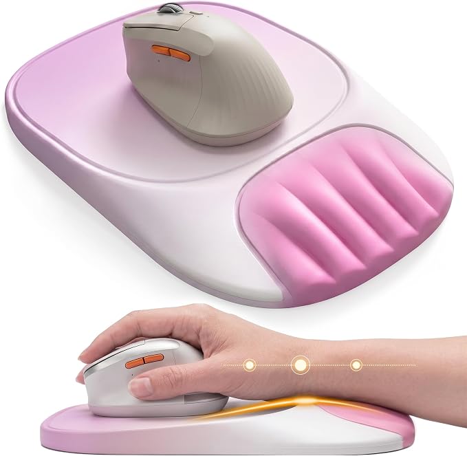 Ergonomic Mouse Pad with Wrist Rest, Sloped Memory Foam Mousepad with Wrist Support, Cooling Channels, Non-Slip Base, Smooth Lycra Surface for Office, Gaming & Home Desk (Sakura Pink)