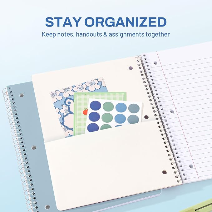 SUNEE Spiral Notebook, 1-Subject, Wide Ruled Paper, 8" x 10-1/2", 100 Sheets per Notebook, 3-Hole Punched Paper, Water Resistant Cover, Double-sided Pockets, Grey Blue