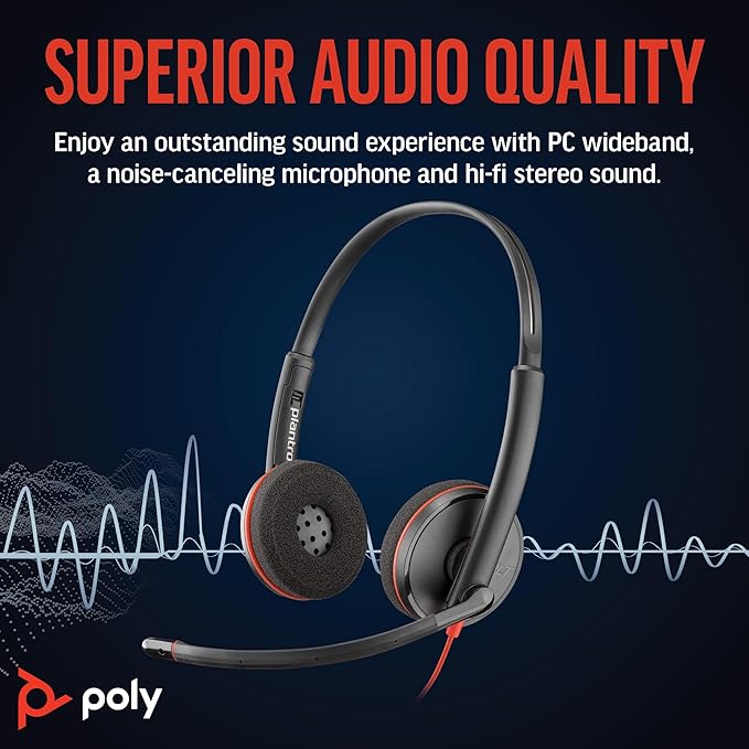 Poly Blackwire 3220 Wired Headset with Mic, Hi-Fi Stereo Sound, Noise-Canceling Mic, Stereo Design, Connect to PC via USB-C & USB-A Adapter, Over-Ear Design, Works with Virtual Meeting Platforms