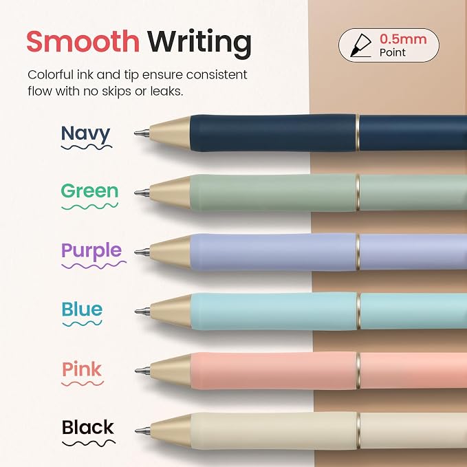 Taja Gel Pens, 6 Pcs Quick Dry Color Ink Pens, 0.5mm Fine Point, Pastel | Retractable Pens with Soft Grip, Smooth Writing for Journaling and Note Taking, Cute Aesthetic Design for Women & Men