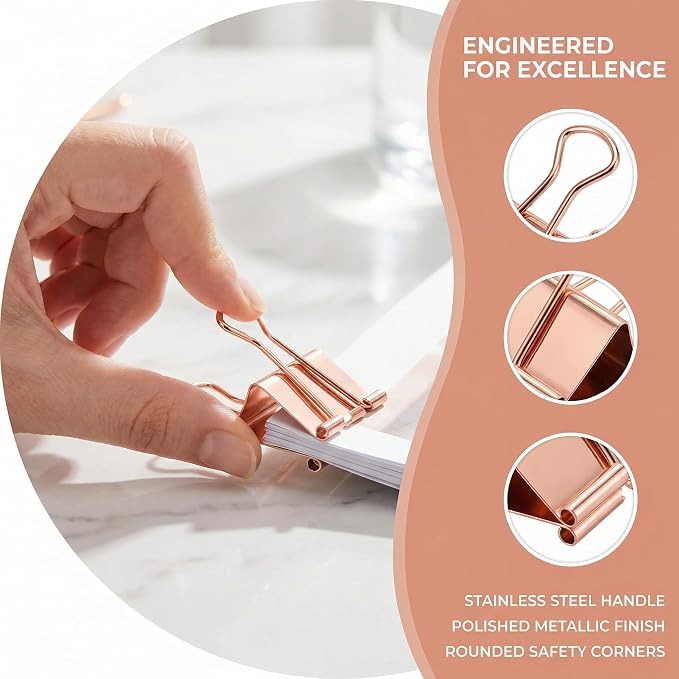 Rose Gold Binder Clips, 100PCS, Assorted Sizes | Solid Metal, Stainless Steel Handle, Aesthetic Desk Supplies, Office School Crafts & Document Organizing