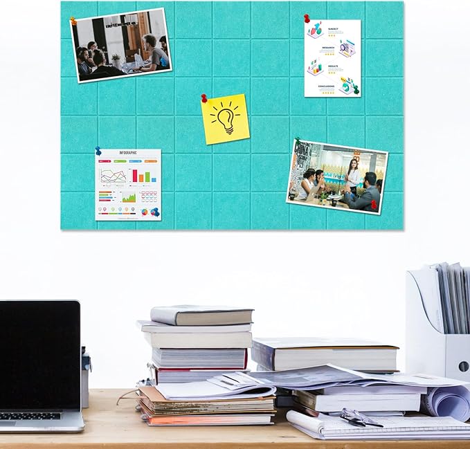 Large Square Felt Cork Board Tiles, Self Adhesive DIY Felt Bulletin Board Pin Board with 35 Pushpins for Office School Home Wall Decor Stickers Memos Photos Display (Teal)
