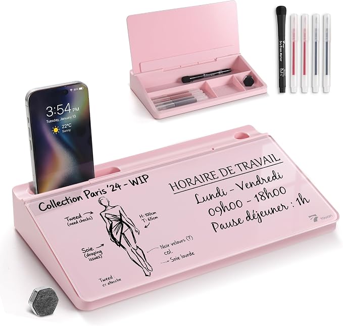 TOWON Compact Glass Desktop Whiteboard with Storage 12x7 in, Pink | Aesthetic dry erase surface, 5 markers, eraser and holder included, for the office, home or school desk