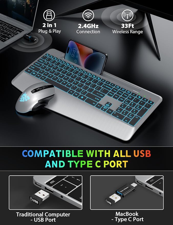 Wireless Keyboard and Mouse Combo, Backlit Scissor Keys, Wrist Rest | 7-Color Backlight, Phone Holder, Rechargeable, LED Mouse, Ergonomic Support, Quiet Typing, Win/Mac/ChromeOS, KM22 Ultra+