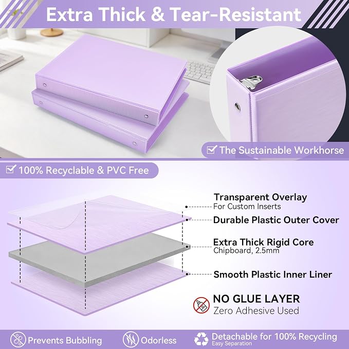 SUIN 1 Inch 3 Ring Binder, Clear 1'' View Presentation Binders with 2 Pockets, Fits 8.5 x 11 Letter Size, Durable Polypropylene, Non-Stick & PVC-Free for School, Office & Home (Brushed Lavender)