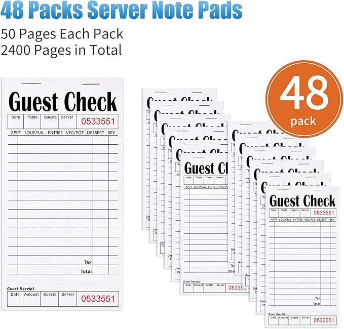 ZPARIK 48 Pack Guest Checks Books for Servers Server Note Pads, White | 48 Pack Guest Checks with 50 Sheets Per Book, Multiple Colors, Waitress Notepad for Restaurants, Perfect for Servers