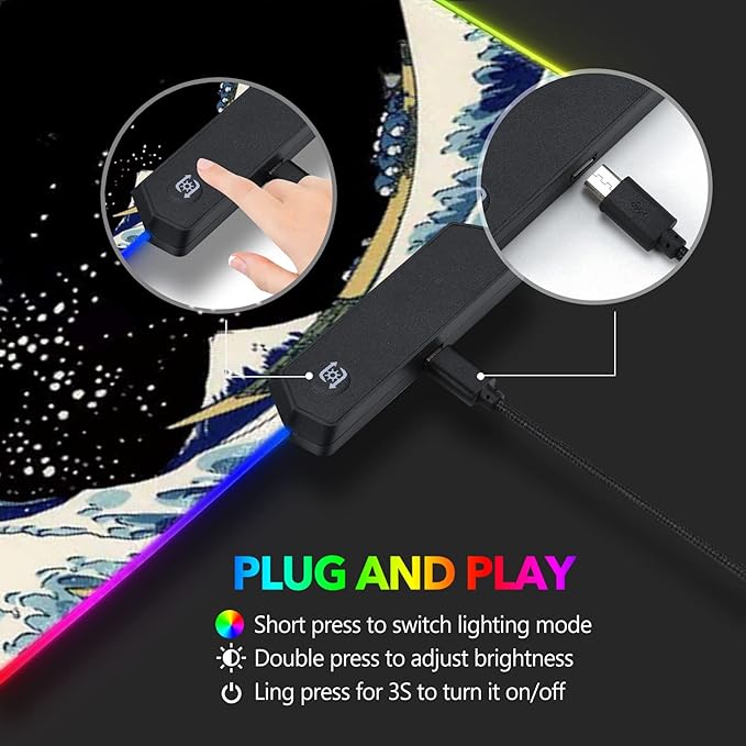 RGB Gaming Mouse Pad Large, AIMSA Keyboard Led Mousepad Extended 35.4 x 15.8 inch Non-Slip Rubber Base with 14 Lighting Modes, Big Desk Mat Waterproof, Big Waves