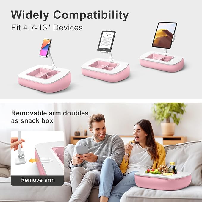 Tablet Pillow Stand for Lap Use with Snack Bowl and 360° Rotating Arm, Adjustable iPad Holder for Bed, Couch, and Recliner, Compatible with 4.7"-13" Kindle, iPad, Tablet, Phone,Pink