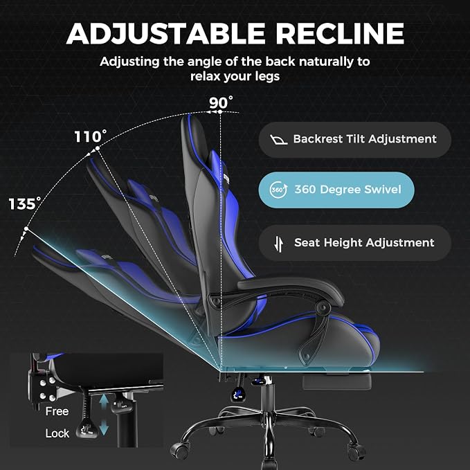 GTPLAYER Gaming Chair, Computer Chair with Footrest and Lumbar Support, Height Adjustable Game Chair with 360°-Swivel Seat and Headrest and for Office or Gaming (Faux Leather, Blue)