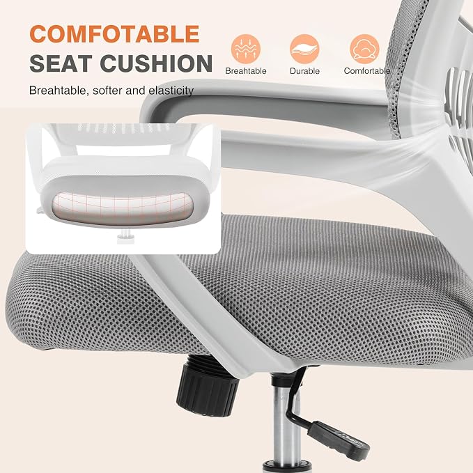 Sweetcrispy Computer Desk Chair, Mesh Office Chair, Lumbar Support, Grey | Ergonomic Mid-Back, Adjustable Height, 360° Swivel Wheels, Comfy Arms, Bedroom Study, Managerial Executive