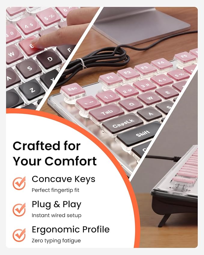 Wired Keyboard with White Backlight Pudding Keycaps, Pink-Black Ombré | Quiet Full Size Computer Keyboard Easy-to-Read, Never Fade, Metal Panel, USB Cute Desk Setup for Windows PC Desktop
