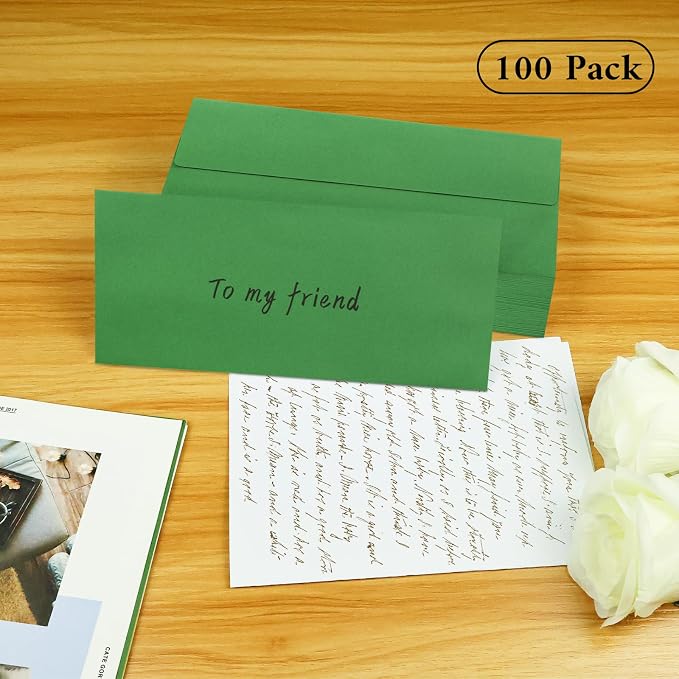 100 Pack #10 Business Envelopes, Green Standard Envelopes Self Seal, Letter Size Mailing Envelopes for Checks Letters Invoices Statements Christmas Birthday Graduation Wedding, 4 1/8 x 9 1/2 Inch