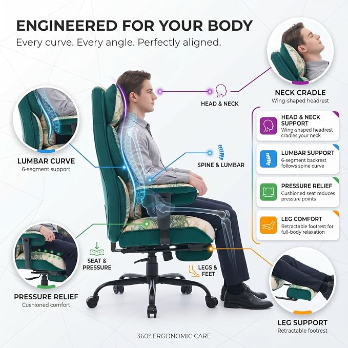 Efomao Watercolor Fabric Executive Office Chair Home Foot Rest, Green | Soft Breathable Computer Desk Seat, Plush Comfy Cushion, Aesthetic Pastel Floral Patterns for Studio Vanity Cozy Setup