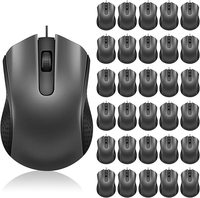 Bonuci 30 Pack USB Wired Mouse 3 Button Corded Computer Mice Bulk USB Mouse for PC Desktop, Laptop, Office, School, Classroom Use(Gray)