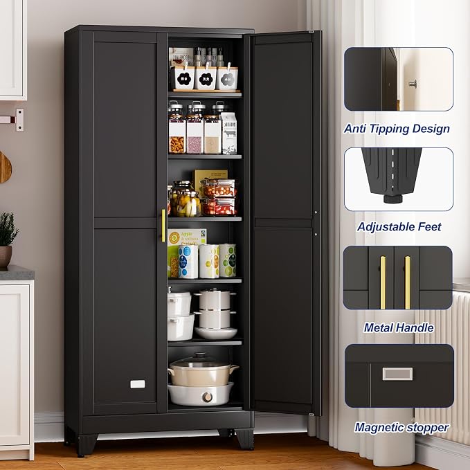 Metal Storage Cabinet with 2 Doors and 5 Adjustable Shelves - 74.8" Steel File Cabinet,Tool Cabinets for Office,Home,Garage,Gym,School (Black)