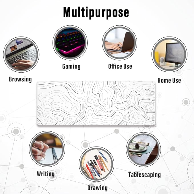 Ovenbird Large Gaming Mouse Pad with Stitched Edges, Minimalist Topographic Map Desk Mat, Extended XL Mousepad with Anti-Slip Base, Cool Desk Pad for Keyboard and Mouse, 35.4 x 15.7 in, White