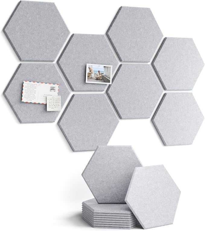 Fluxynara 8-Pack Hexagon Felt Bulletin Board Tiles, Soft Gray-1 | Cork Board Alternative with 50 Adhesive Tabs for Notes, Photos and Reminders in Home Offices, Dorm and Classrooms