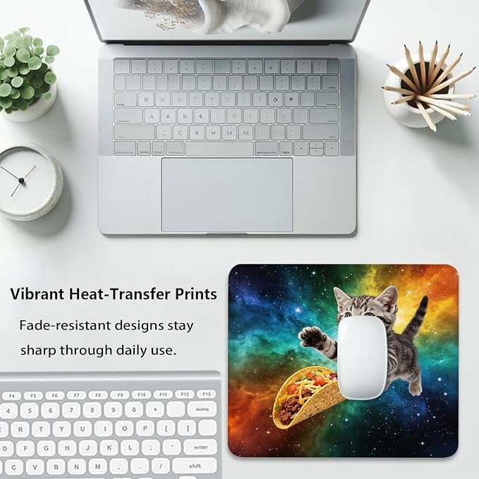 Adorable Space Cat Chasing Taco Mouse Pad, Rainbow Galaxy Durable Desk Mat | Funny Design, Cute Mousepad Stitched, Anti-Slip Base Smooth Surface, 9.5 x 7.9 Inches