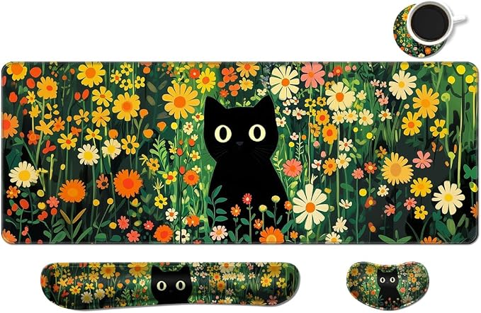 Desk Mat, Large Gaming Mouse Pad with Wrist Rest, 4 in1 XXL Mouse pad+Keyboard Wrist Rest+Mouse Pad Wrist Support+Cup Coaster Set, Ergonomic Desk Pad for Home Office,Floral Cat