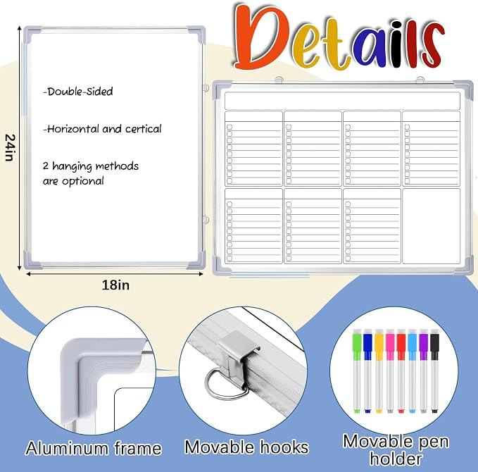 18" x 24" Magnetic to Do List Whiteboard, Weekly Planner, White | Large Weekly Dry Erase Board, Double-side Wall Whiteboard Calendar for Planning Drawing Memo, School Home Kitchen Office