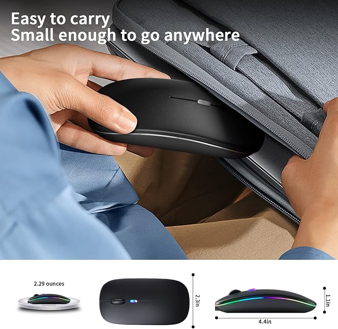 Wireless Bluetooth Mouse – Rechargeable, Silent, Dual Mode (Bluetooth 5.2 & USB) with LED Lights – Portable for Laptop, Desktop, & Tablet(Black)