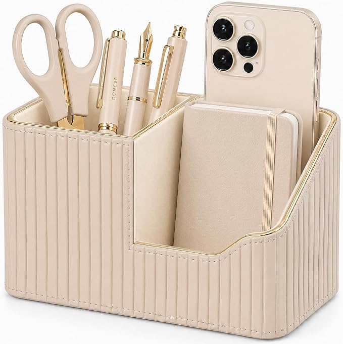 Luxury PU Leather Desk Organizer for Office Accessories, Aesthetic Pen Holder for Desk, Modern Desktop Storage Organizer for Women Home Office Supplies, Beige with Gold Trim