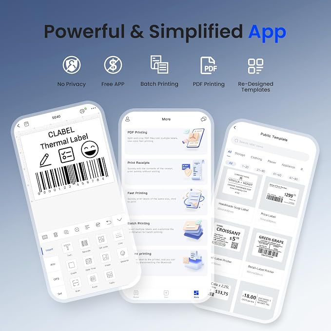 CLABEL 221B 2" Bluetooth Thermal Label Printer with 3 Label Rolls, Black | No RFID Lock, Inkless Barcode Label maker Machine with Tape, Portable, iOS Android Compatible, Small Business, Office, Home