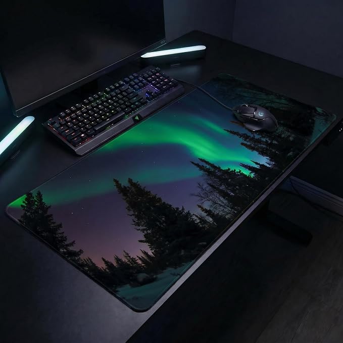 Auhoahsil Northern Lights Aurora Desk Mat, Ultra Large Full Desk Gaming Mouse Pad, Dark Night Forest Landscape Extended Keyboard Pad, Nature Aesthetic Desk Pad for Home Office Gaming, 35.4"x 15.7"