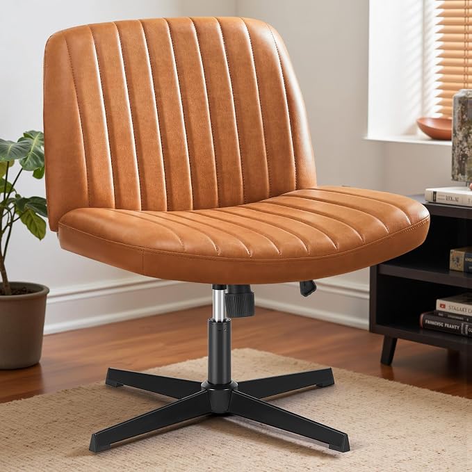 OLIXIS Criss Cross Office Chair, Vanity Chair, Home Office Desk | Wide Seat, Height Adjustable, PU Leather Padded, Armless No Wheels, Bedroom, Study Room, Brown Dual Base