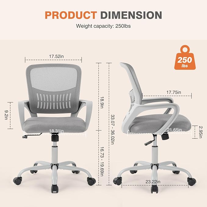 Sweetcrispy Computer Desk Chair, Mesh Office Chair, Lumbar Support, Grey | Ergonomic Mid-Back, Adjustable Height, 360° Swivel Wheels, Comfy Arms, Bedroom Study, Managerial Executive