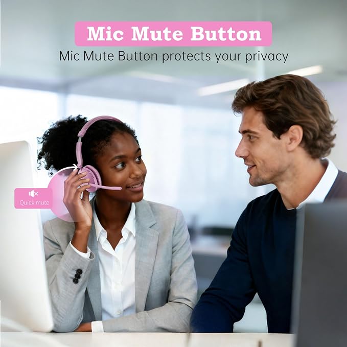 Bluetooth Wireless Headset with Mic for Work, Advanced Noise Reduction Microphone, Clear Calls - Comfortable On-Ear Headphones, Bluetooth 5.3, Applicable to Laptop, PC, Zoom, Office(Pink)