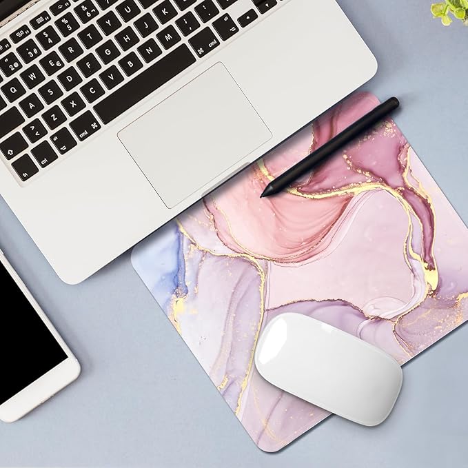 Mouse Pad with Stitched Edges - Elegant Marble Mousepad for Women, 9.25 x 7.75 inch Washable Square Desk Pad, Non-Slip Rubber Base, Office Home Laptop Accessories - Rose Marble