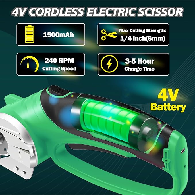 Cordless Electric Scissors, 4V Rechargeable Box Cutter & Cardboard Cutter with Titanium Blade, LED Light, Safety Lock - Rotary Cutter for Fabric, Leather, Plastic, Crafting, Sewing(Bright Green)