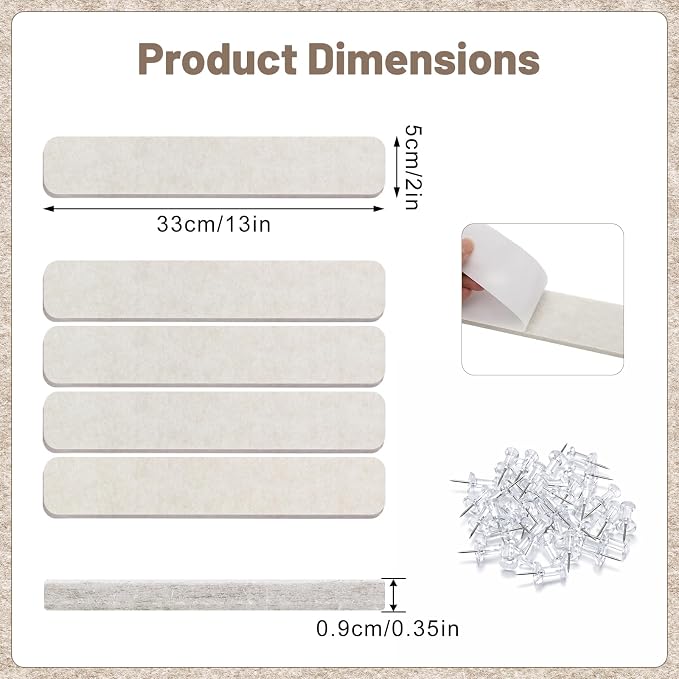 5 Pack Felt Bulletin Board Strips, 13x2 Inch Pin Board, Cork Boards | Self Adhesive, Includes 30 Pushpins, High-Density, Lightweight, for Wall Organiser, Home Office Decor (Oatmeal Color)