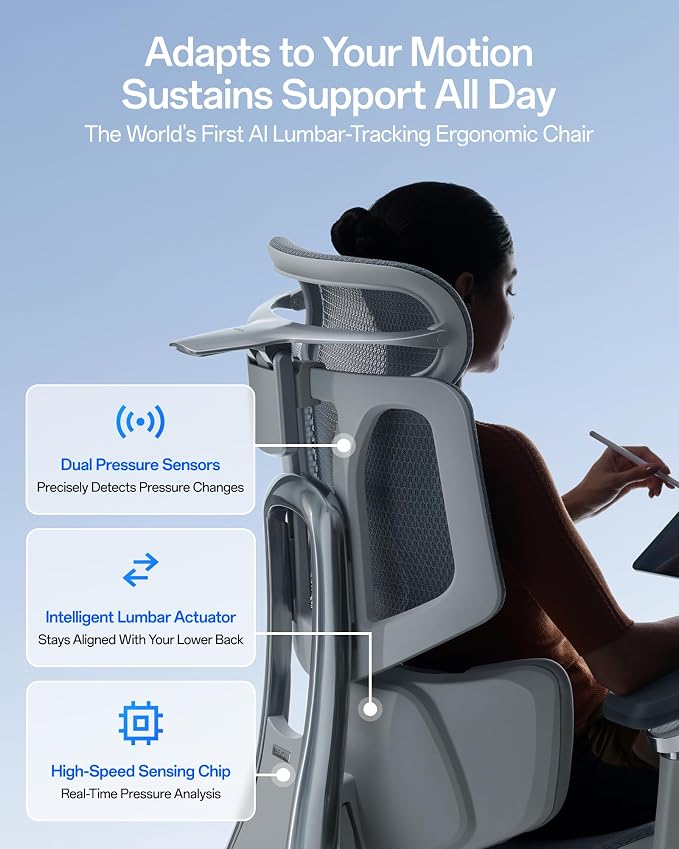Hbada X7 Smart Ergonomic Chair, Office Chair, with Fully Automated Lumbar Tracking, 4D Adjustable Headrest, 720° Adjustable Armrests, Ventilated Seat Cushion, Grey