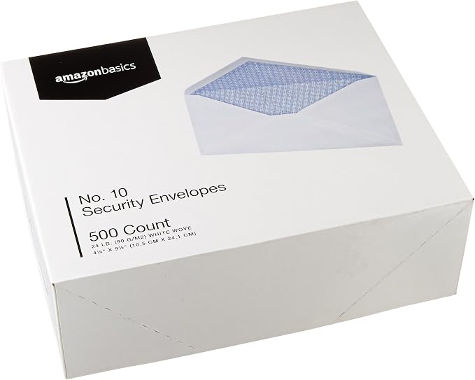 Amazon Basics #10 Security Tinted Business Envelopes for Documents and Invoices,Quality Seal,4-1/8" x 9-1/2",White,500 Count (Pack of 5)