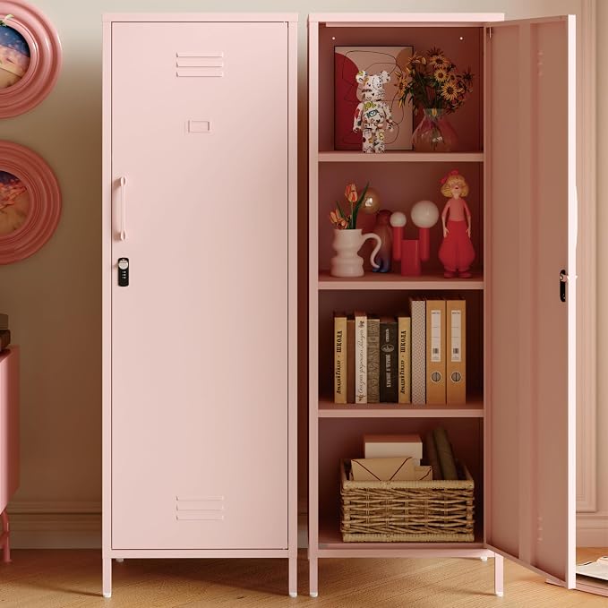 Metal Locker Storage Cabinets,59" H Pink Locking File Cabinets with 2 Doors and Shelves for Dining Room, Living Room,Bathroom Office,Home,Garage, Gym, School