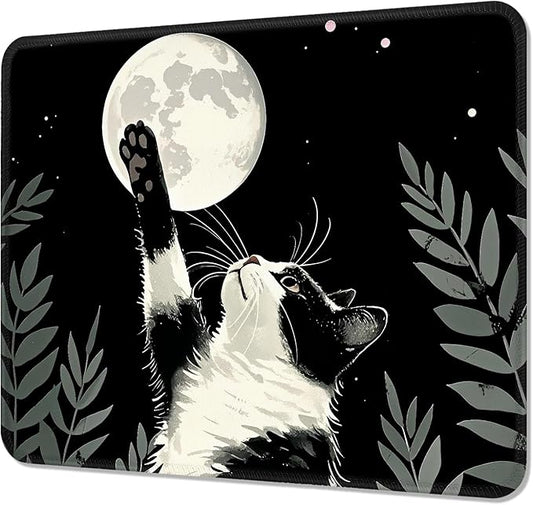 Mouse Pad, Cute Mouse Mat, 10" x 8", Black Cat and Moon | Square Waterproof Gaming Computer Mat, Textured Top, Stitched Edges, Non-Slip Rubber Base for Office Home Laptop Keyboard