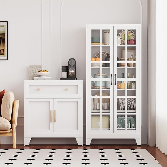 QINPTWUT 71" Tall Glass Door Storage Cabinet, Modern Metal Pantry Cabinet with 4 Adjustable Shelves, Freestanding Display Cabinet for Kitchen, Living Room, Dining Room, Home Office (White)
