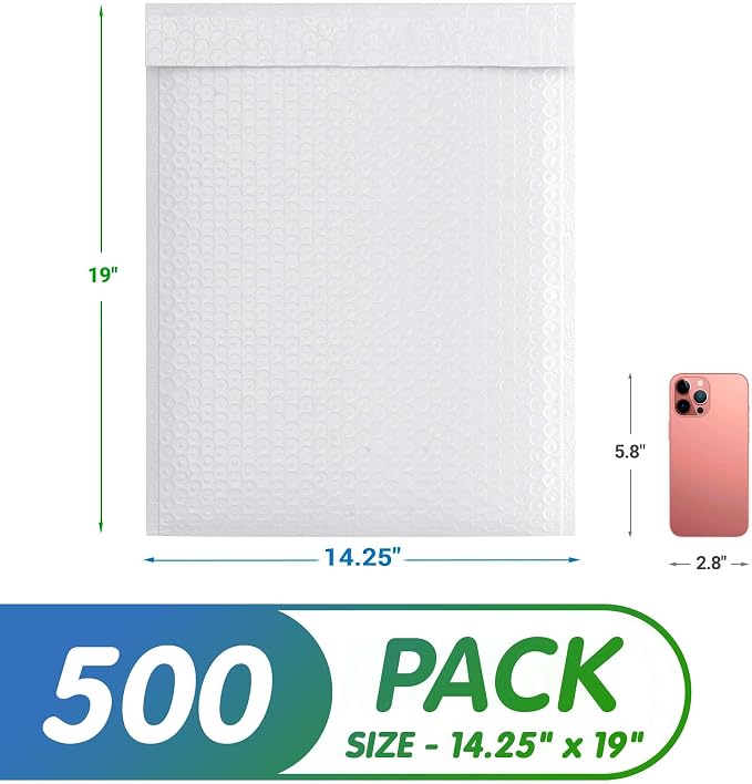 Poly Bubble Mailers, 14.25 x 19 Inch White Padded Mailers, Self Seal Shipping Envelopes, Lightweight Poly Mailer Bags, Waterproof Mailing Bags, Pack of 300
