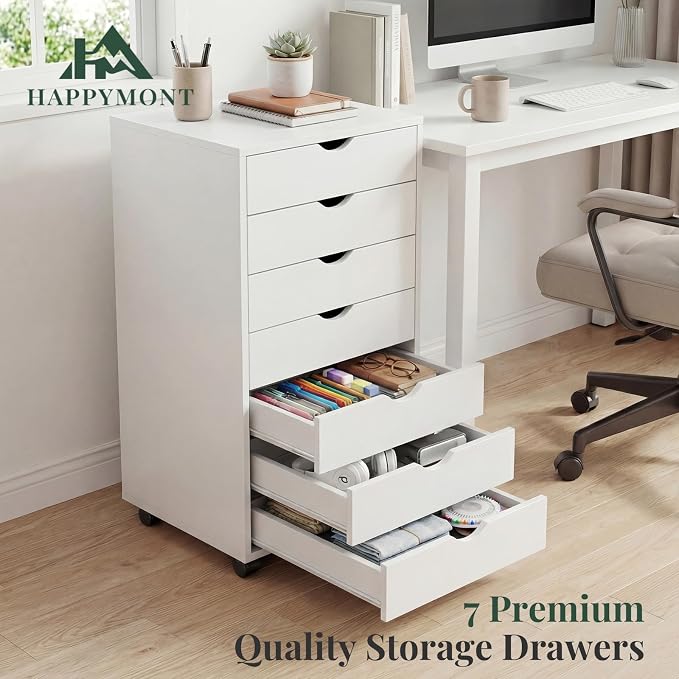 7 Drawer Mobile File Cabinet, Printer Stand with Wheels | Wood Under Desk Storage Cabinet, Rolling Printer Cart, Vertical Filing Chest for Small Space, Home Office, Living Room, White