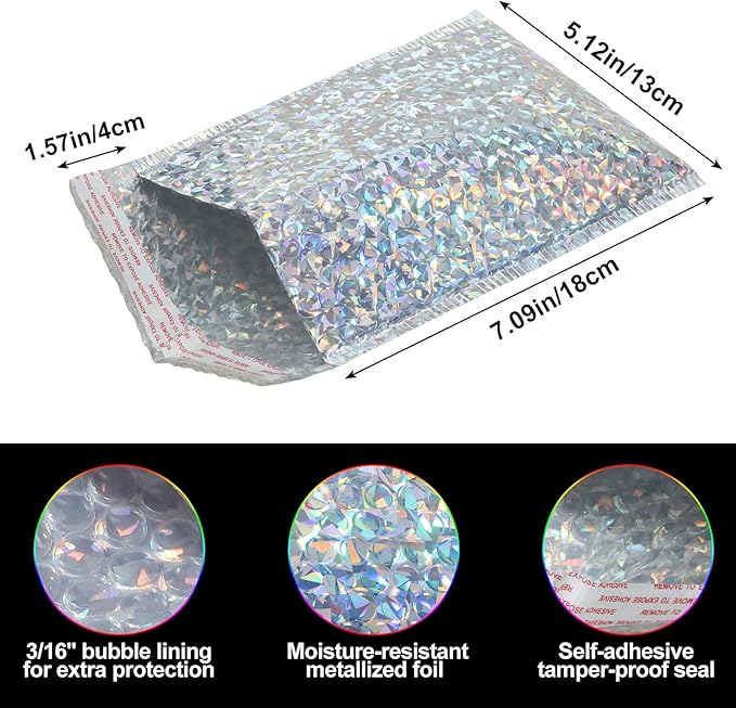 Fulmoon 30 Pieces Holographic Bubble Mailers 4x8 Inch Padded Mailer Holographic Bubble Mailers Padded Envelopes Self Adhesive Cushion Envelopes for Mailing Shipping and Packing(Silver)