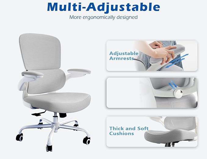 TRALT Ergonomic Office Chair Desk Chair with Adjustable Lumbar Support | Desk Chair Comfy with Flip-up Armrests Ergonomic Chair - Mesh Computer Chairs for Adults, 330lbs, PU Leather (Grey, 1)