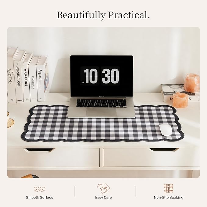 Ohocut Scalloped Gingham Checkered Desk Pad，Black：31.5" x 15.7" | Large, Premium Faux Leather, Anti-slip Bottom, Water Repellent, Easy to Clean, Aesthetic Trendy Design