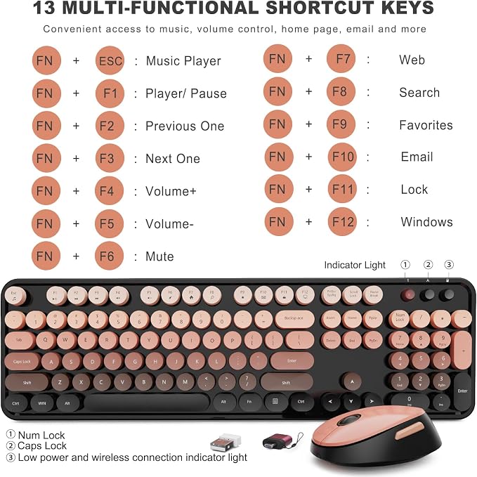 SkyGive Wireless Keyboard and Mouse Combo, Ergonomic Full Size Typewriter Retro Round Keycaps Keyboard, Compatible with Windows, PC, Perfer for Home and Office Keyboards (Aurora Red)